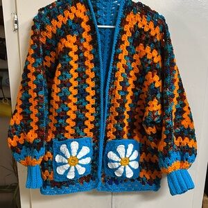 Handmade Crochet retro flower Pocket Cardigan Sweater - Blue & Orange